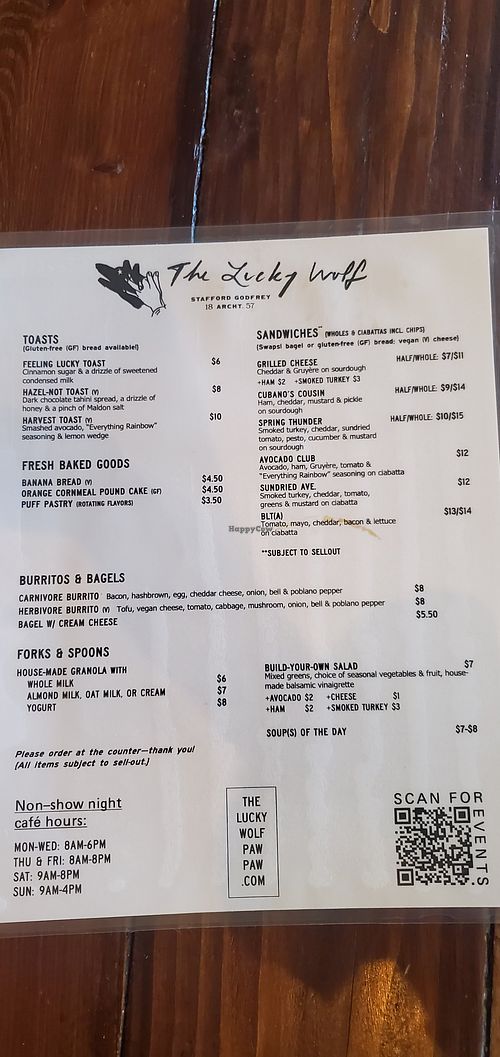 Menu at The Lucky Wolf in Paw Paw