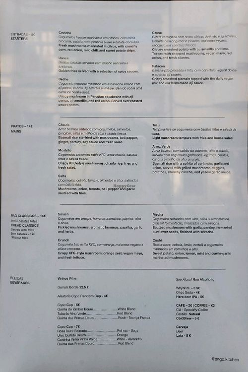 Menu at Ongo in Porto