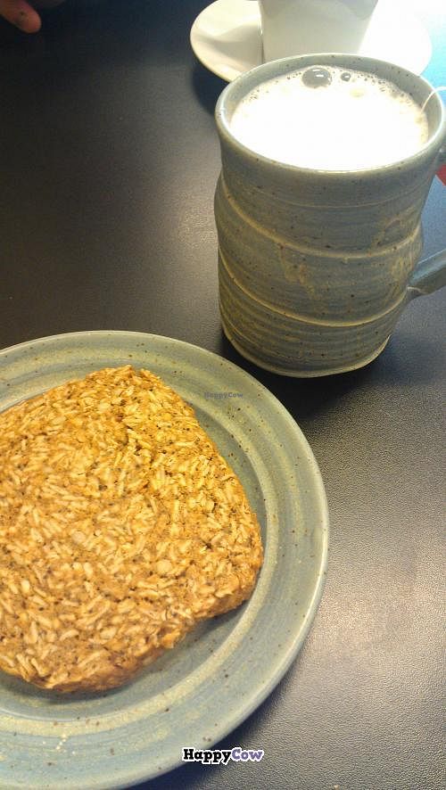 Vegan oatcake and chai latte with almond milk.  at Cafe Brea in Dartmouth