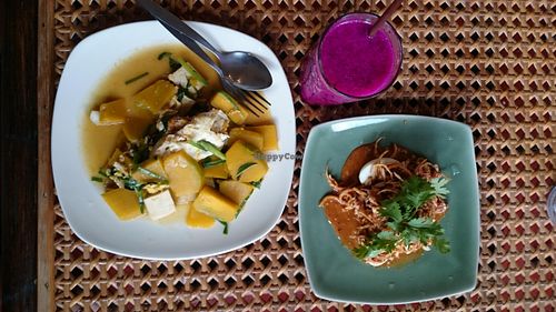 banana flower salad, pumpkin in curry, dragon fruit shake at Fuang Vegetarian in Chiang Mai