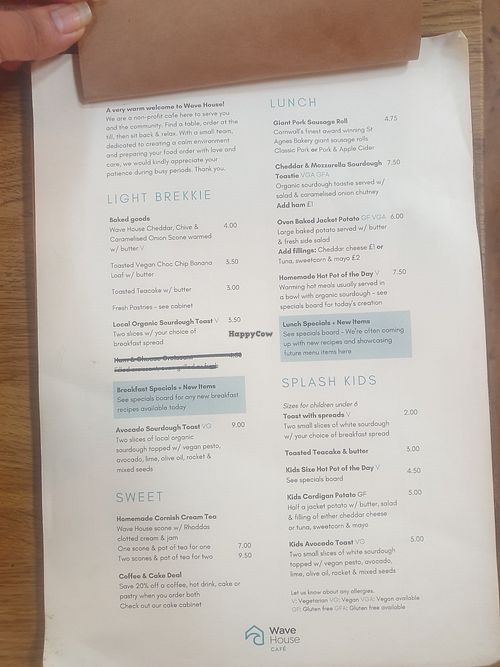 Menu at Wave House Cafe in Newquay