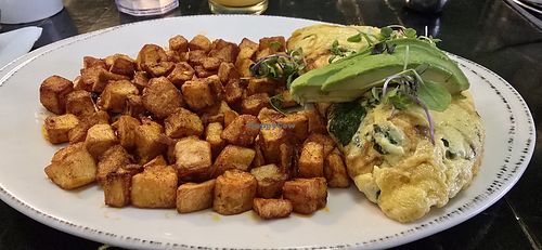 Vegan veggie omelet made with Just Egg (R) added avocado,- minus feta at Syrup   in Denver