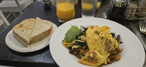 Vegetarian Veggie Bowl made with Just Egg(R), dry sour sourdough toast on the side, O.J. and coffee - for Vegan omit potatoes at Syrup   in Denver