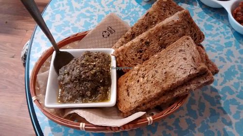 Vegan tapenade and bread at Quinoa in Barcelona