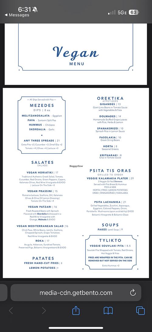 Vegan menu  at Souvlaki GR in Boynton Beach