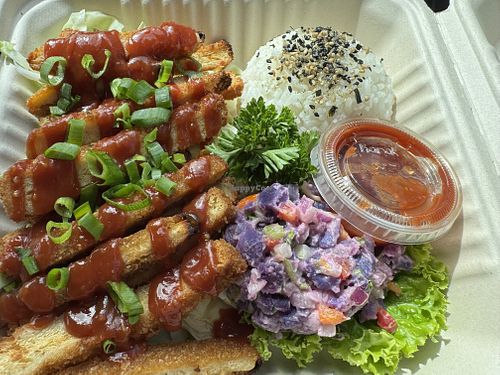 Tofu chicken katsu with purple potato saladd  at Luna's Vegan Eats in Kailua Kona