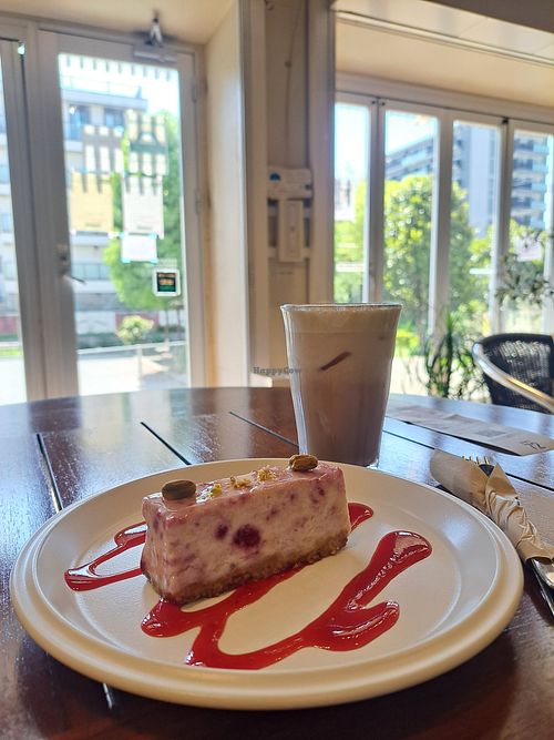 Vegan cheesecake and iced plant-milk latte at Sasaya Cafe in Tokyo