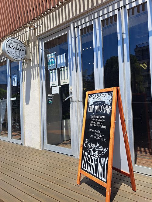 Exterior with signage at Sasaya Cafe in Tokyo