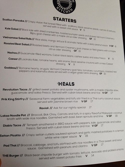 Menu at Revolution Kitchen in Burlington