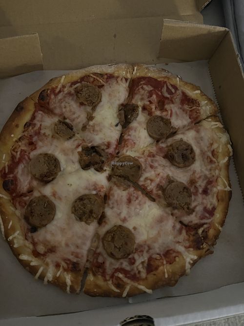 vegan sausage cheese pizza so good   at Checkers Pizza in Middletown