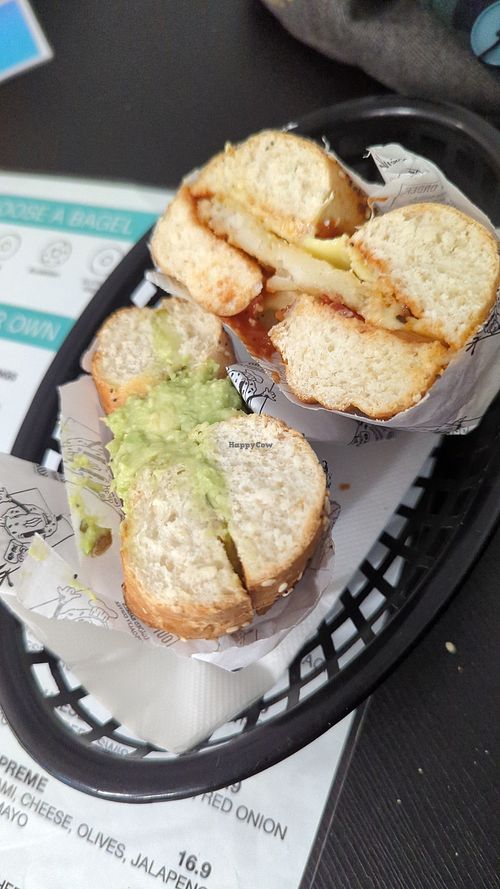Avo bagel, and a hash brown bagel at Out of Order in Bendigo