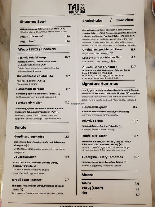 Menue at Taïm Streetfood Cafe in Vienna