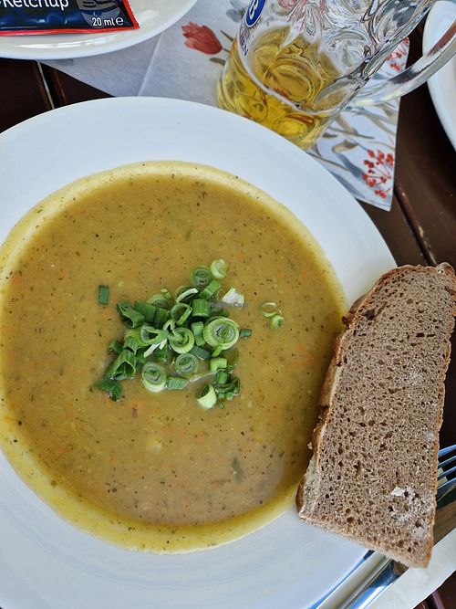 Potatoe and vegetable soup with bread at Schlosswirtschaft Herrenchiemsee in Herrenchiemsee