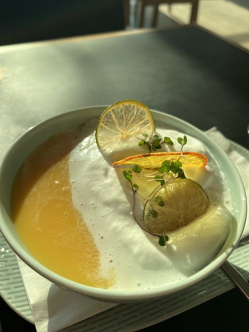 Lime and sweet potato soup, beautifully presented  at Trude & Töchter in Vienna