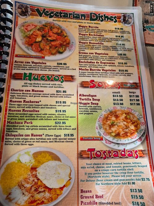 Vegitarian menu at La Hacienda Real in Beaverton