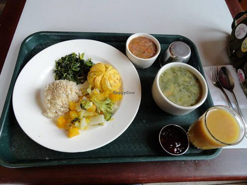 pre-set lunch. That day they had steamed veggies, brown rice, soup, potato/ fake meat thing, greens. at Quinua in Quito