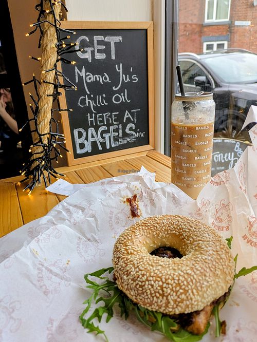 Vegan sausage bagel at Bagels Inc in Sheffield