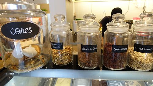 ice cream cones and selection of toppings - caramel almonds, chocolate chips, cranberries and roasted almonds! at WellSmoocht in West Singapore