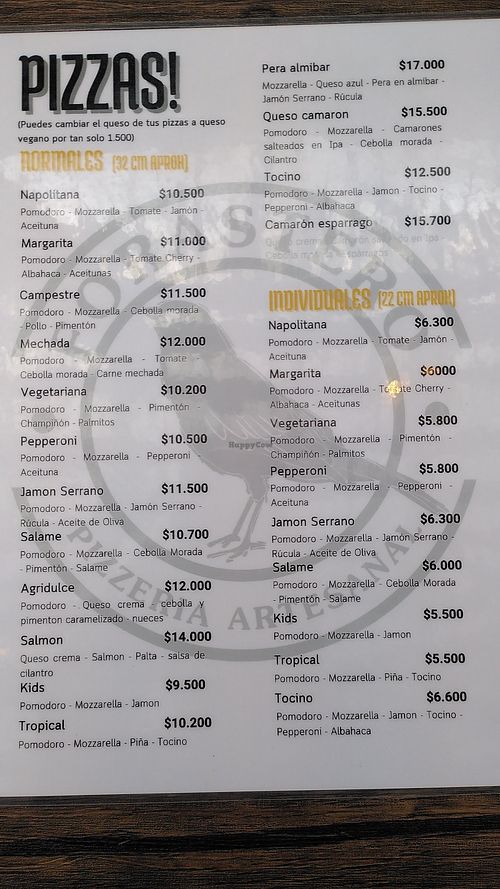 Pizza menu at Pizzería Forastero in San Carlos