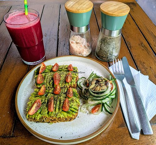 Avocado toast on Heather's seeded bread with a beetroot based juice at Heather's Kitchen in Nairobi