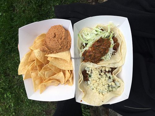 Tacos with lentil and seitan chorizo filling, plus chips and bean dip! at Taco Party in Somerville