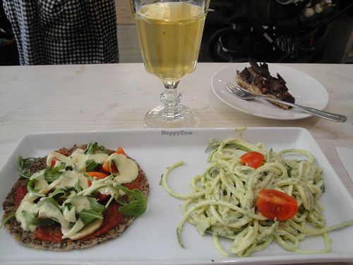 pizza, pasta ans kombucha at Matapoteket in Stockholm