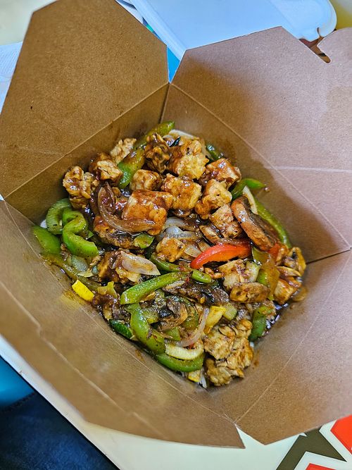 Jerk Tempeh vegan rice bowl at Di Big Jerk in Gainesville