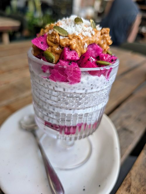 Chia pudding with nut butter and dragon fruit at Blessings Home & Café in Koh Phangan