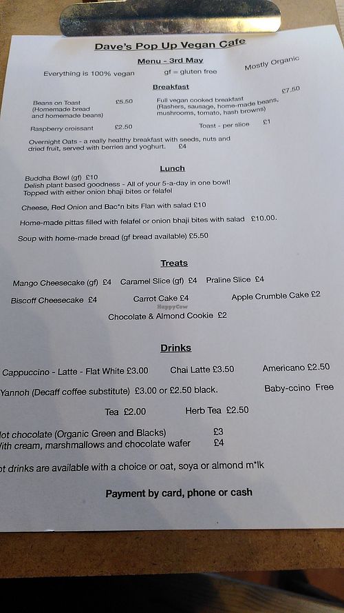 Menu at Dave's Pop Up Vegan Cafe - temporarily closed in Knoydart