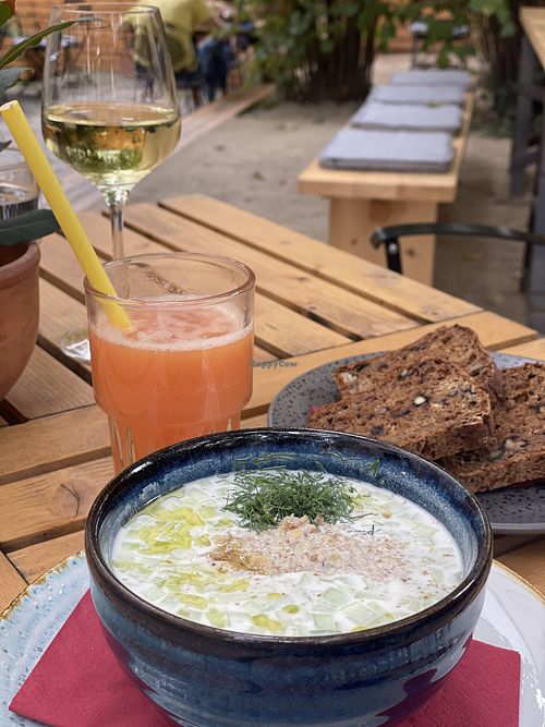 Cucumber soup, fresh  juice, sweet potatoe walnut bread   at Soul Kitchen in Sofia