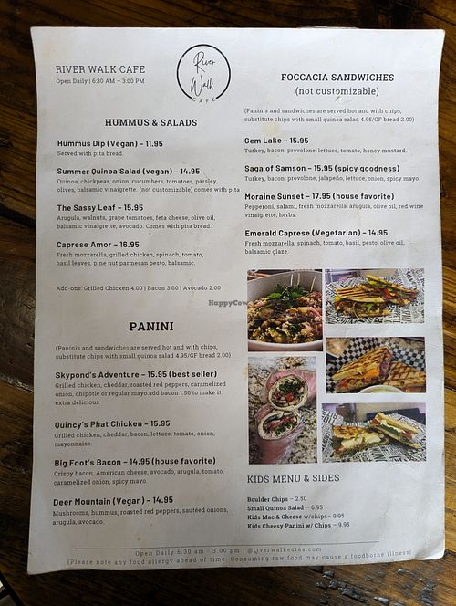 Menu as of August 9, 2025 (vegan options are hummus and pita, summer quinoa salad, and Deer Mountain panini) at River Walk Cafe in Estes Park