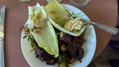 Two-salad plate: endive & artichoke and roasted sweet-potato in soy glaze at Café Petiole in London