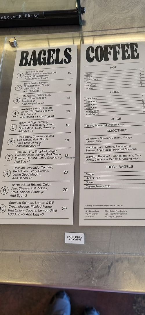 Menu as at 2 January 2026 at Take Two Bagels in Ascot Vale