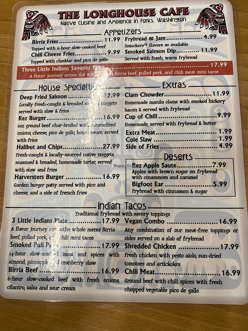 Menu size 2  at Longhouse Cafe in Forks