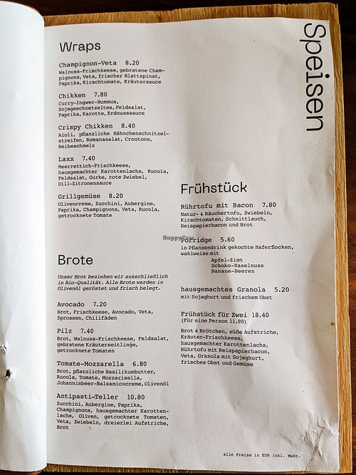 Menu page at V-Cake at V-Cake Cafe in Dresden