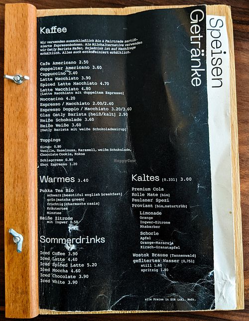 Drinks menu page at V-Cake at V-Cake Cafe in Dresden