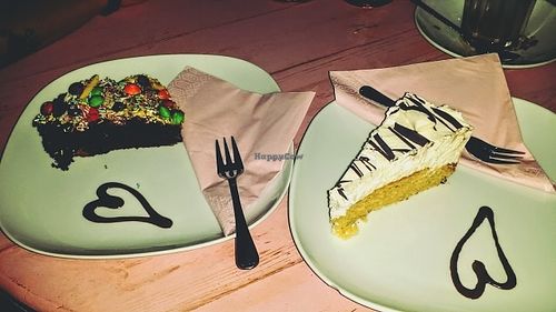 Vegan cakes: chocolate candy cake and white chocolate with marshmallows at Chaostheorie in Berlin