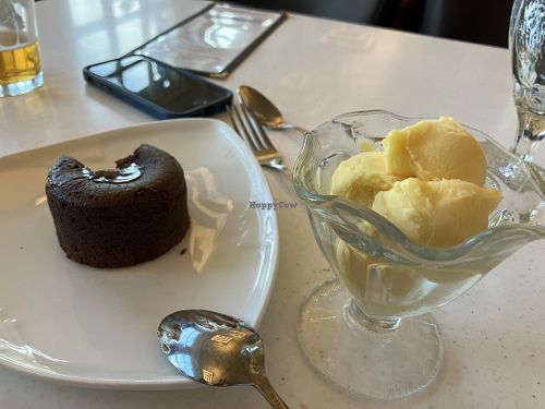 Lava cake and mango sorbet  at Mammoth Dining Room in Yellowstone National Park