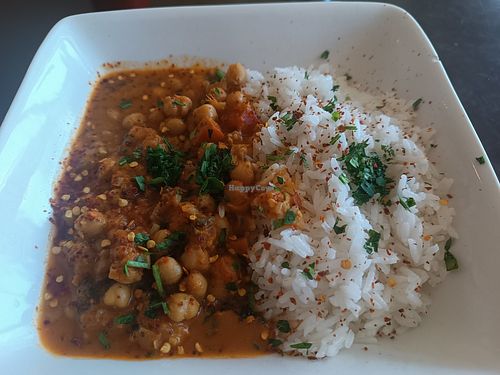 Spicy Chickpea curry with rice at Chocafe in Kalkara
