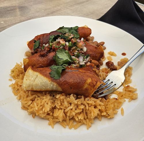 Vegan Enchilada with Rice and Beans at The Point in Fresno