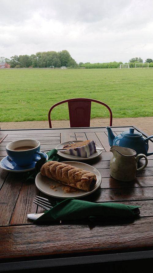 Vegan sausage roll plus banana and blueberry cake at The Pavilion Coffee Shop in Stratford-upon-avon
