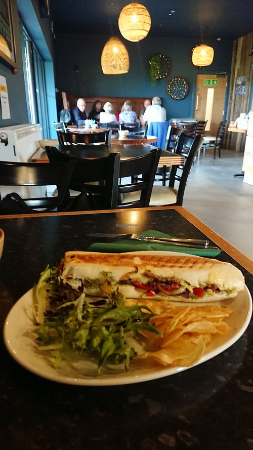 Roast veg, vegan mozzarella and pesto panini at The Pavilion Coffee Shop in Stratford-upon-avon