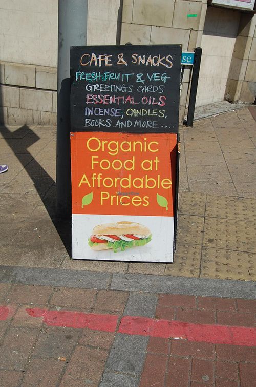 Sandwich board on New Cross Road at The Rosemary Organic Restaurant and Shop in South East London