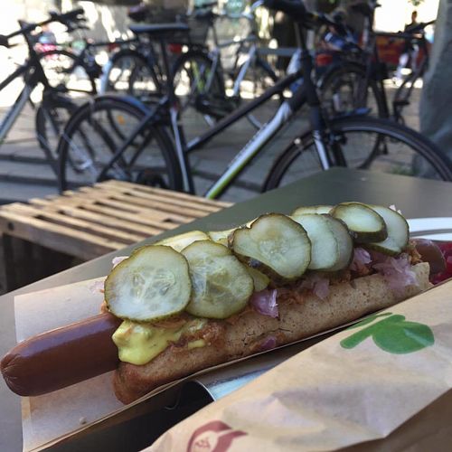 The basic hot dog (really inexpensive), tastes anything but basic.  at Den Okologiske Polsemand - Food Stall in Copenhagen
