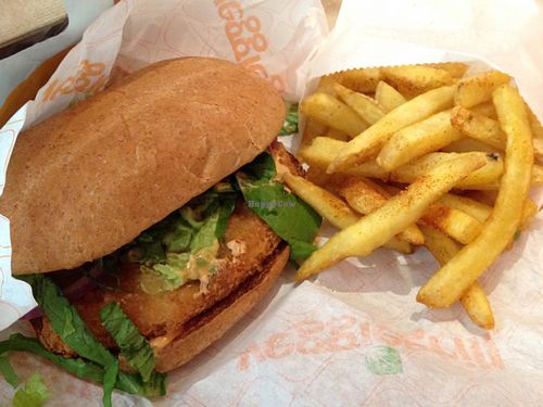 Sante Fe 'Chicken' sandwich with fries  at Veggie Grill by Next Level in La Jolla