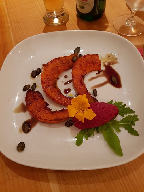 Baked pumpkin with beetroot humus at Karin's in Erding