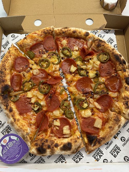 Pepperoni with added pineapple and jalapeño  at Fireaway - Bathgate in Bathgate