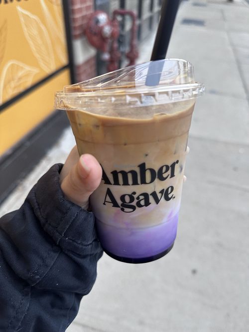 Ube latte with oatmilk  at Amber Agave in Chicago