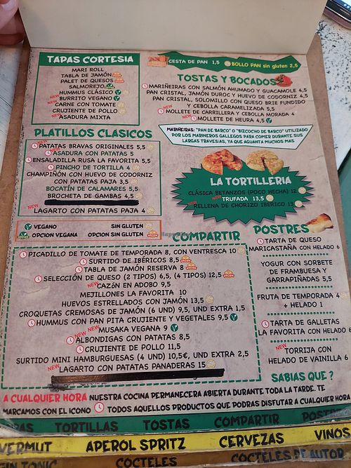 Menu with vegan options properly labelled at La Favorita in Almeria
