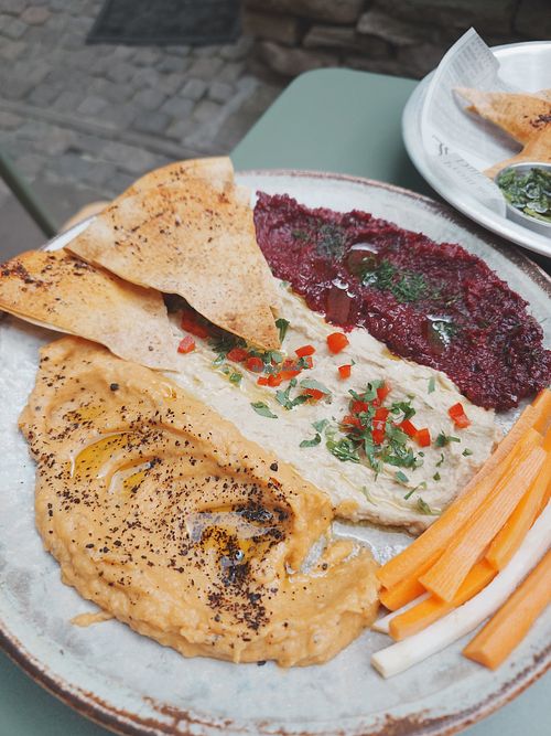 Mezze, sweet potato, Original and beetroot hummus at Made in Blue in Sofia
